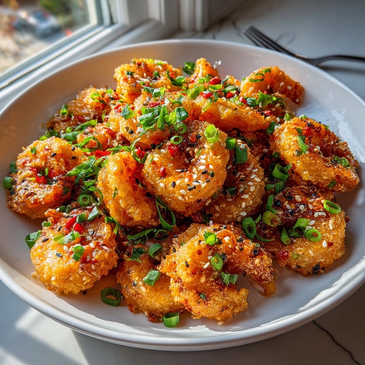 Crispy Air Fryer Bang Bang Shrimp drizzled with creamy, spicy sauce, ready in minutes.
