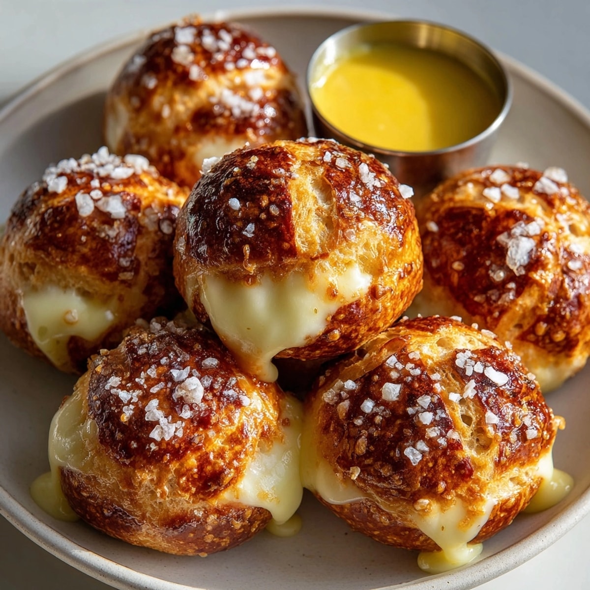 Golden brown Mozzarella-Stuffed Pretzel Bites, fresh from the oven and ready to dip.