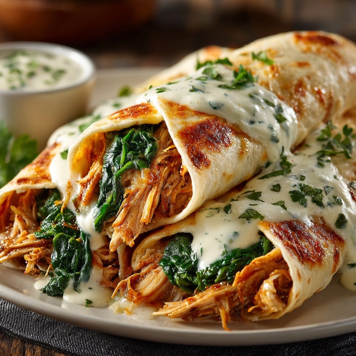 Creamy Chicken & Spinach Skillet Enchiladas bubbling hot; cheesy, easy weeknight dinner idea.