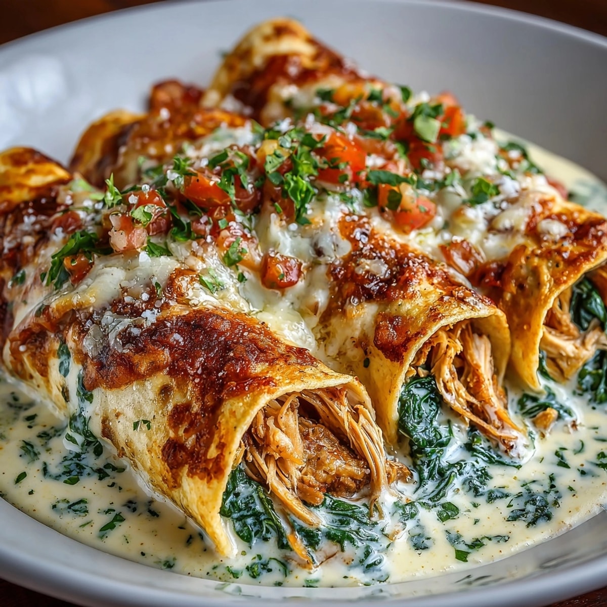 Golden, bubbly Creamy Chicken &amp; Spinach Skillet Enchiladas, ready to serve with sour cream.