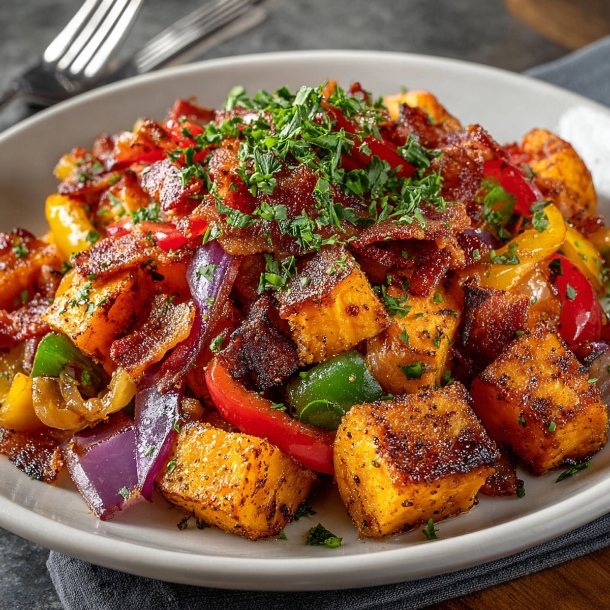 Savory sweet potato bacon breakfast hash, golden brown and served on a plate.
