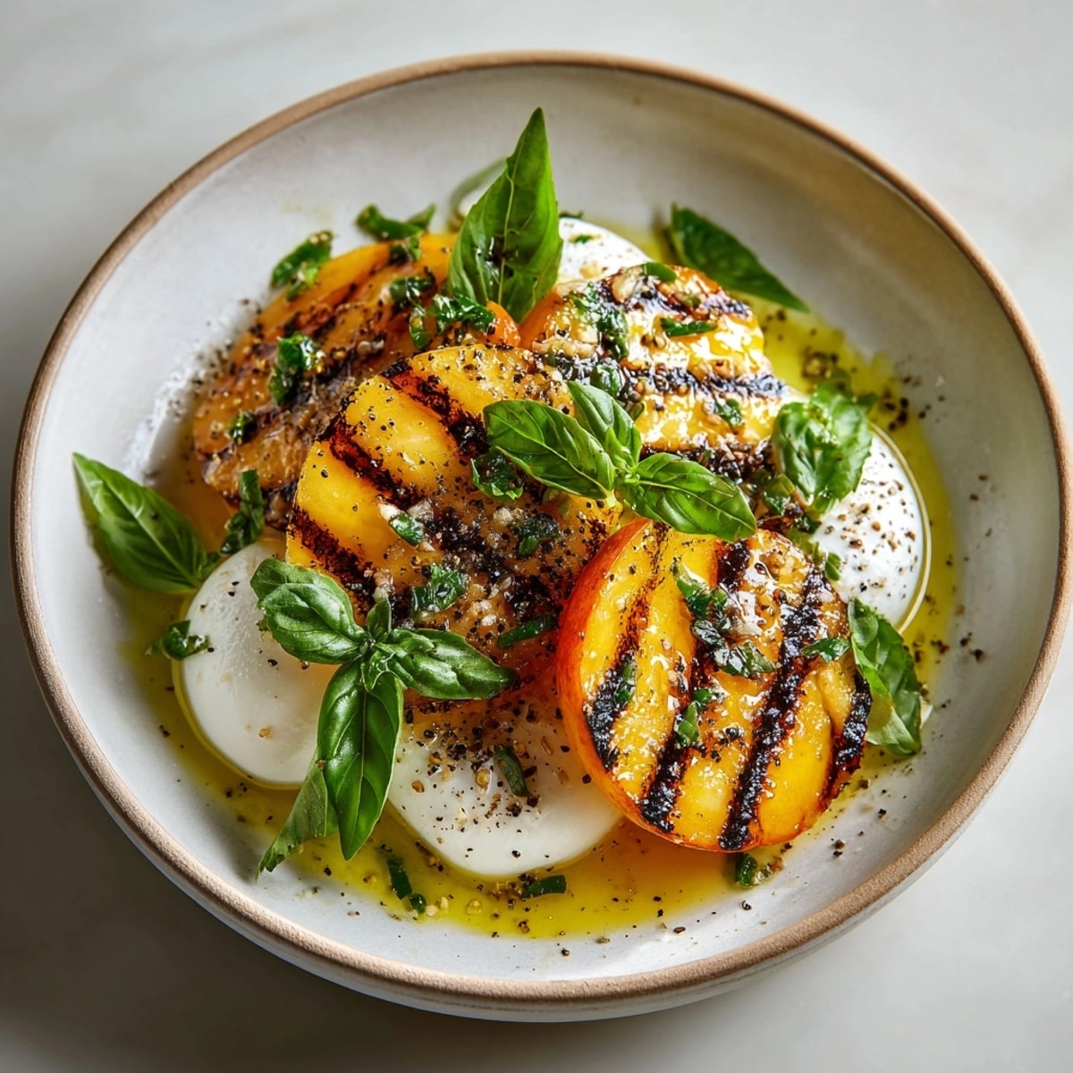 Grilled peach and burrata salad: Sweet peaches, creamy burrata, basil dressing drizzled delightfully.