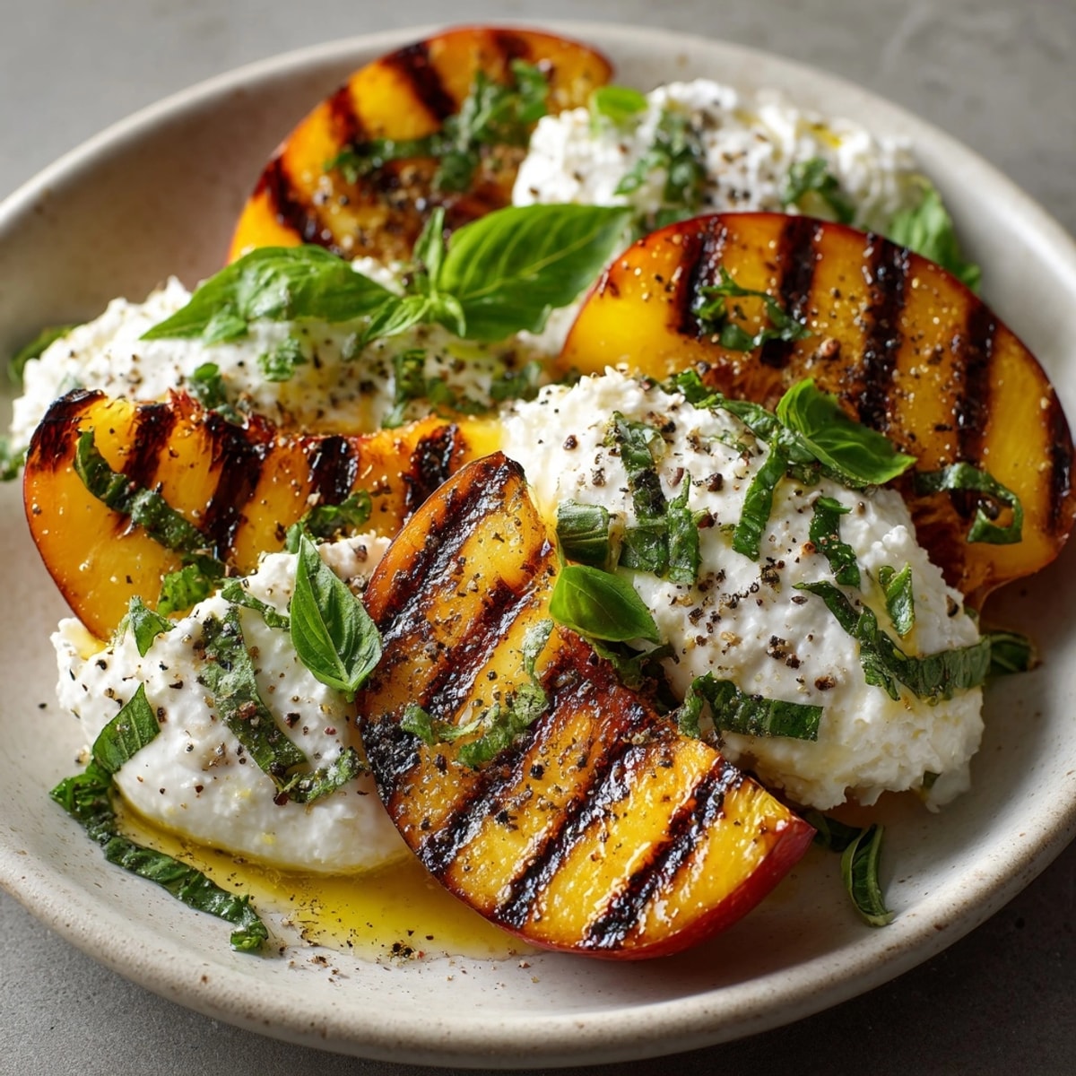 Making grilled peach and burrata salad: Charred fruit atop rich cheese, basil garnish.