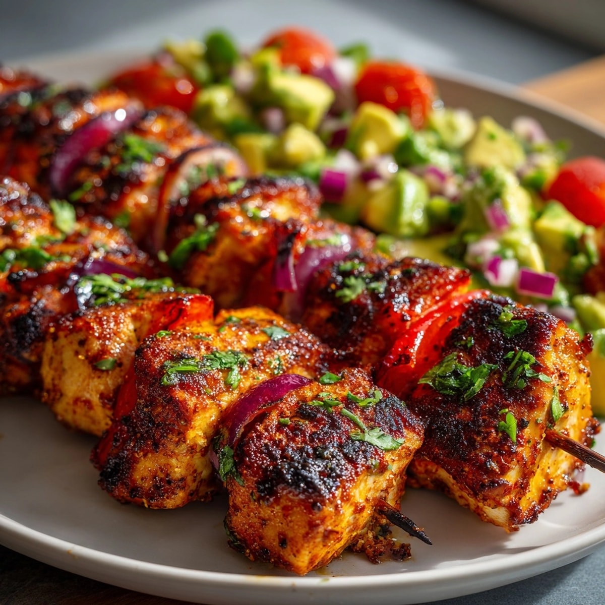 Tender Spiced Grilled Chicken Skewers recipe, the smoky aroma paired perfectly with fresh salsa.