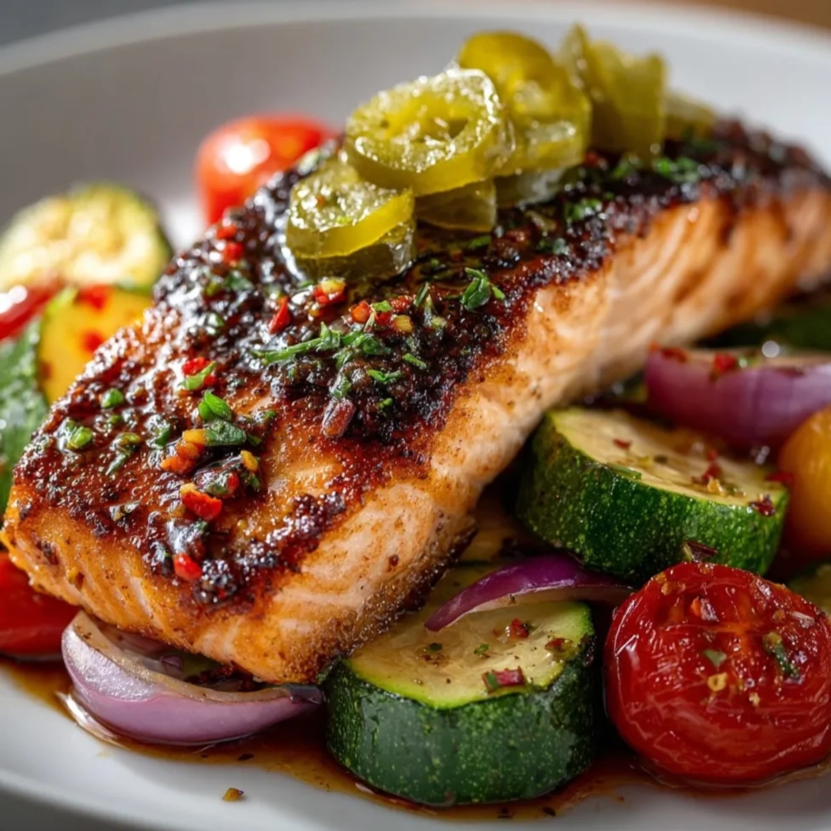 Tangy pickle-brined salmon recipe with colorful roasted veggies on a sheet pan, ready to serve.
