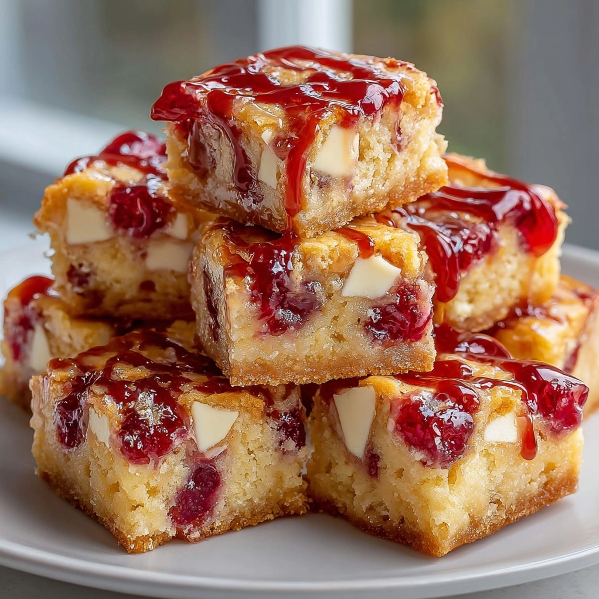 Warm, gooey Cherry Coded Blondie Bites glistening with melted white chocolate drizzle, right from oven.