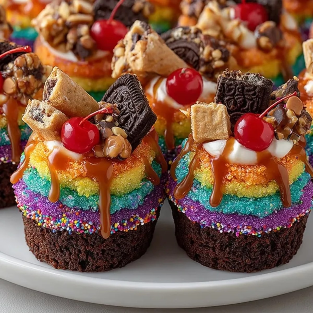 Close-up of vibrant Chaos Cake-Inspired Mini Cupcakes, layered high with frosting and sprinkles.