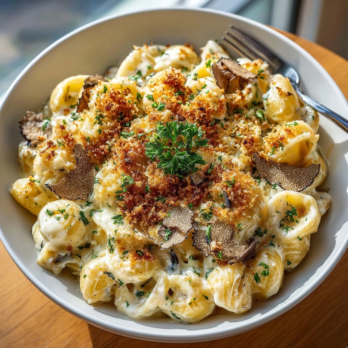 Creamy Truffle Mushroom Rococo Mac and Cheese oozing from a cast iron skillet, ready to serve.