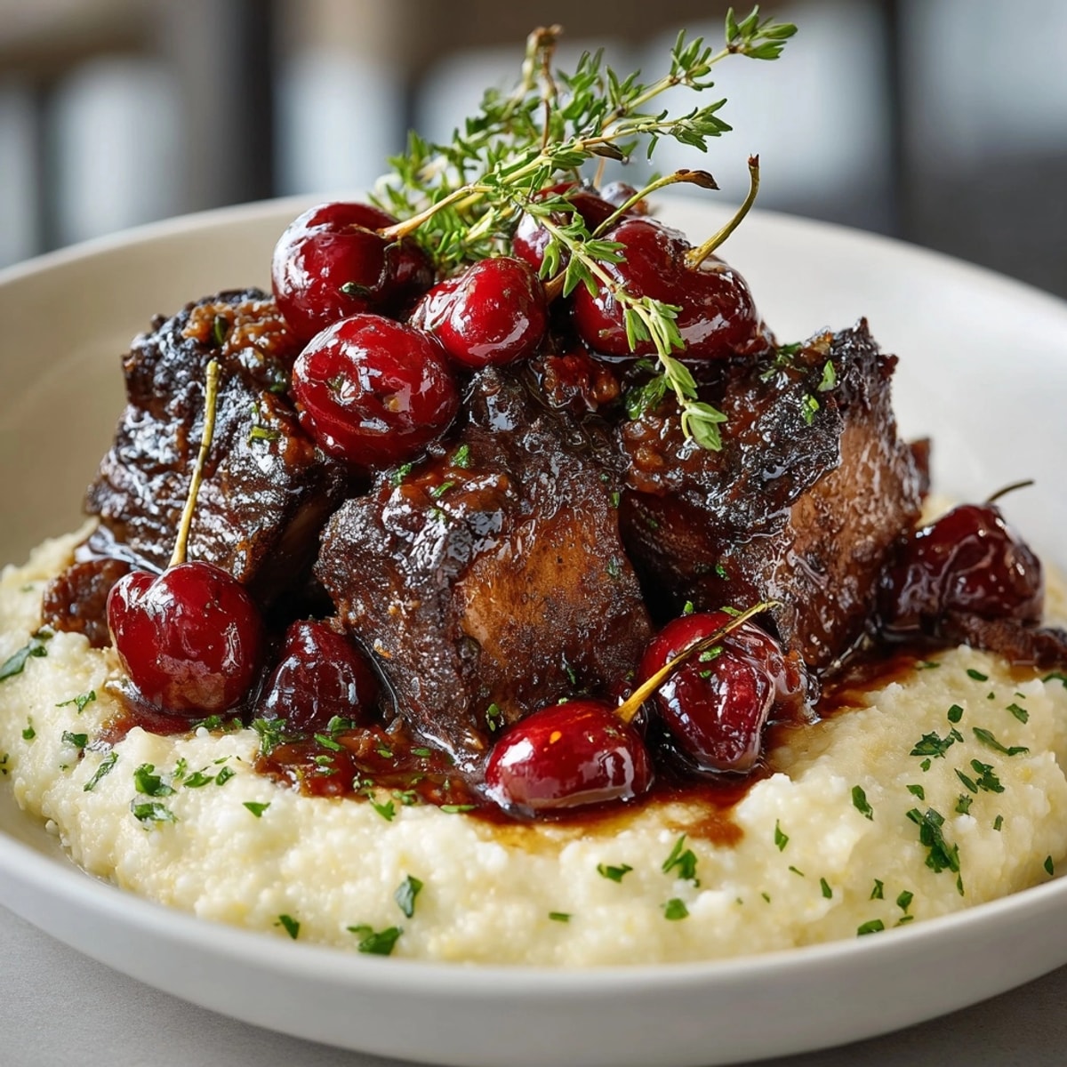 Tender cherry-braised short ribs recipe, simmered until falling off the bone, served over creamy polenta.