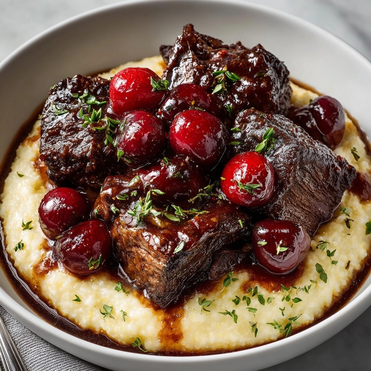 Savory cherry-braised short ribs recipe glistens; a comforting and flavorful dinner with polenta.