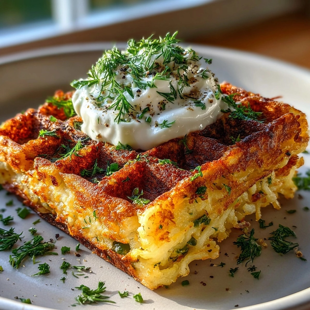 Golden Vegan Pickle Hash Brown Waffles, crisp and savory, served with creamy dill yogurt.
