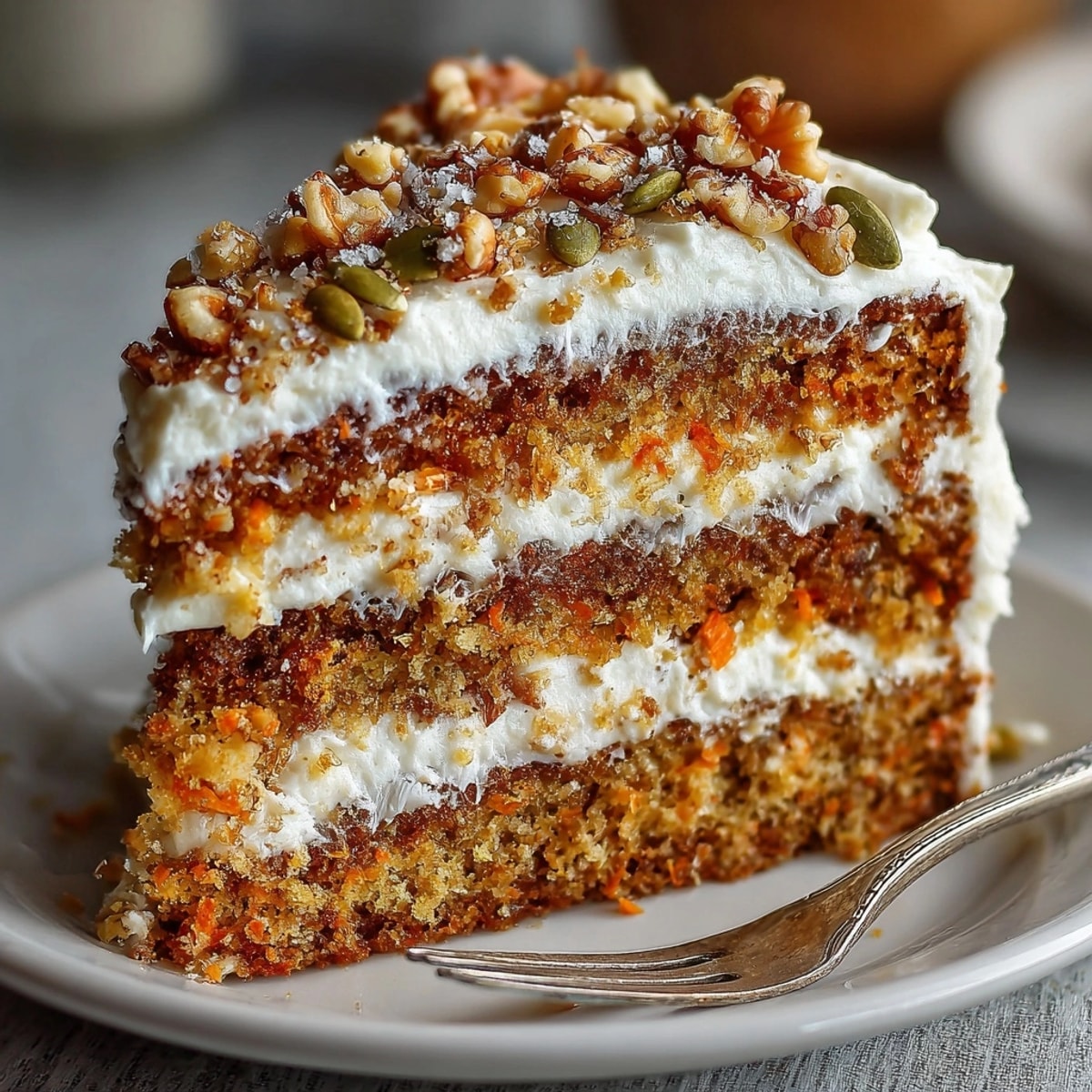 Close-up of moist Autumn Chaos Carrot Cake with creamy spiced frosting swirls.