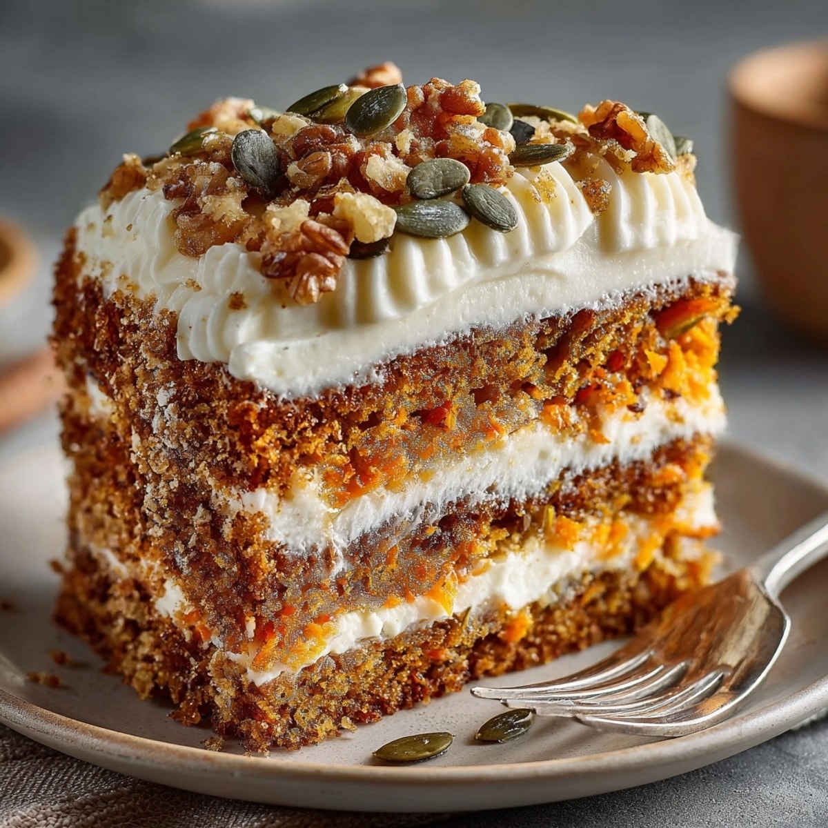 Spiced Autumn Chaos Carrot Cake slice, invitingly plated, ready to serve with warm coffee.