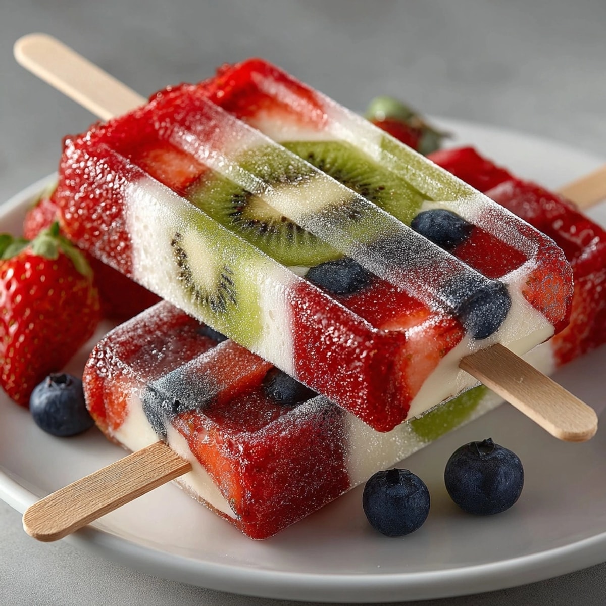 Homemade Summer Rebel Float Popsicles gleam with layered fruit and fizzy cream soda.