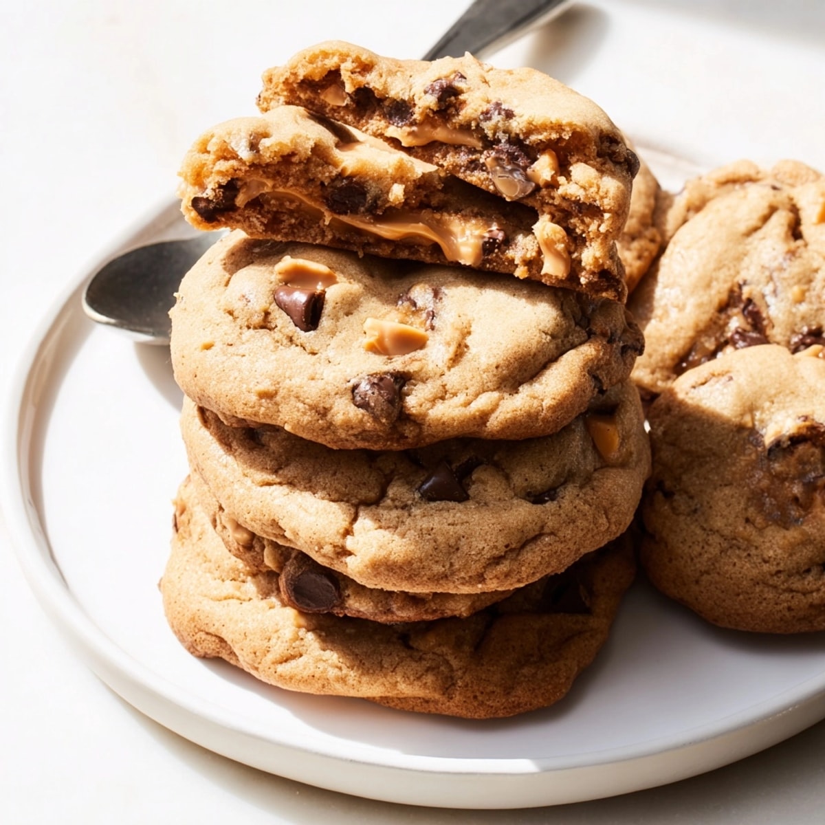 Warm, gooey Peanut Butter Banana Chip Cookies cooling on a rack; perfect afternoon treat.