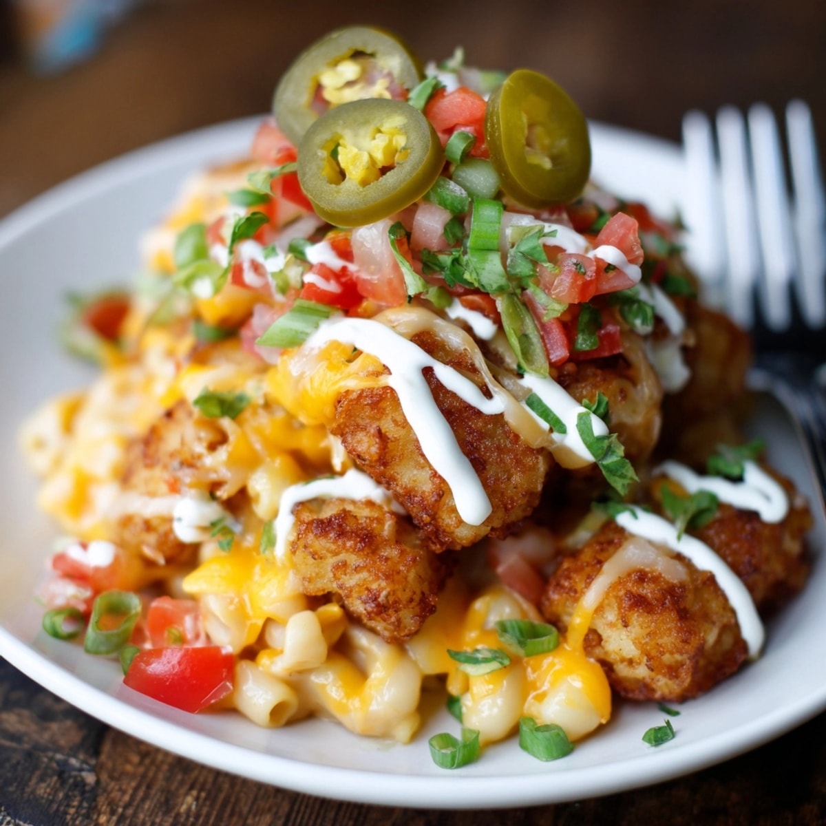 Melty Tex-Mex Mac and Cheese Tater Tots: a cheesy, crunchy indulgence with fresh toppings.