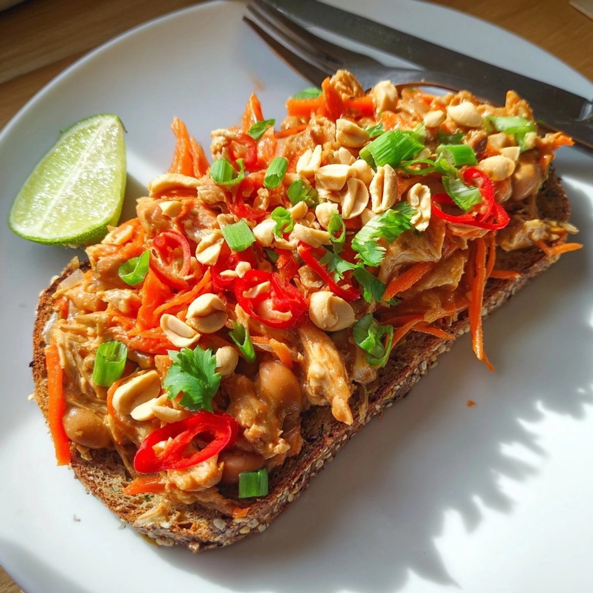 Thai Peanut Pinto Chicken Toast: Toasted bread piled high with a spicy peanut chicken.