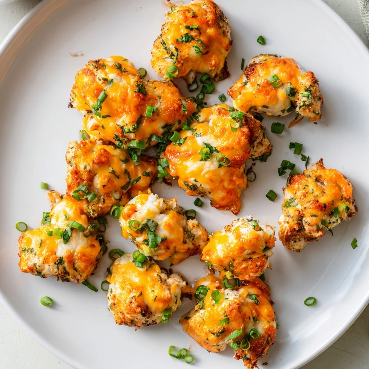 Golden-brown, bubbly Cheesy Ranch Chicken Bites, a flavorful, cheesy appetizer on parchment paper.