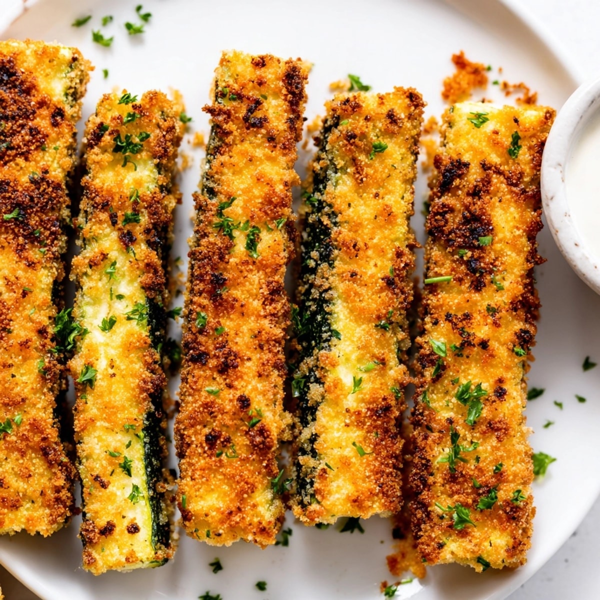Crispy Cheesy Cajun Zucchini Sticks: close-up shows textured breading, fresh parsley garnish.