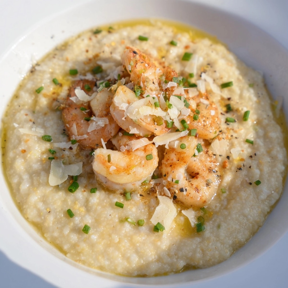 A steamy Shrimp Parmesan Grits Bowl captures tender shrimp nestled in cheesy, savory grits.