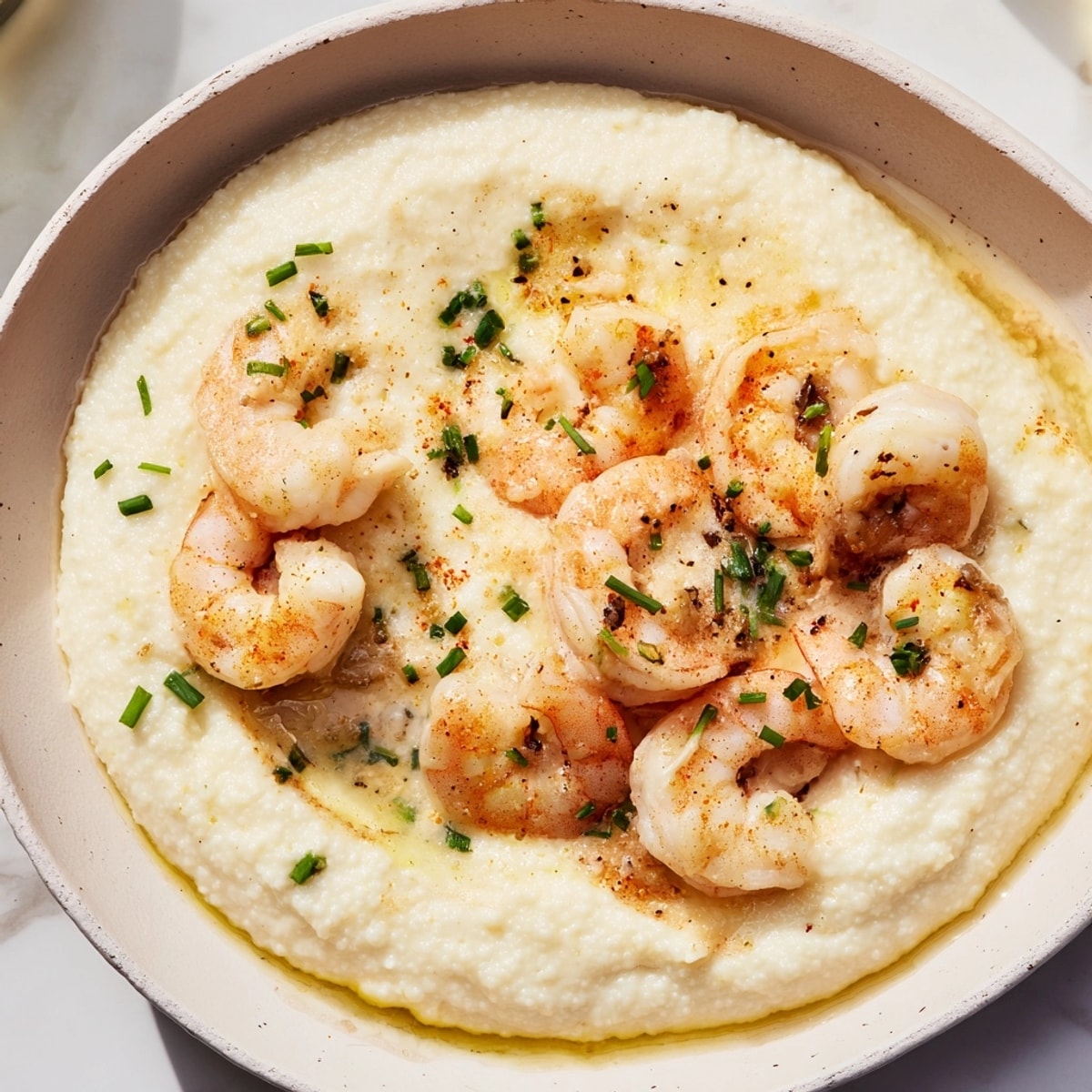 Bright, inviting: a Shrimp Parmesan Grits Bowl, garnished with herbs, ready to enjoy.