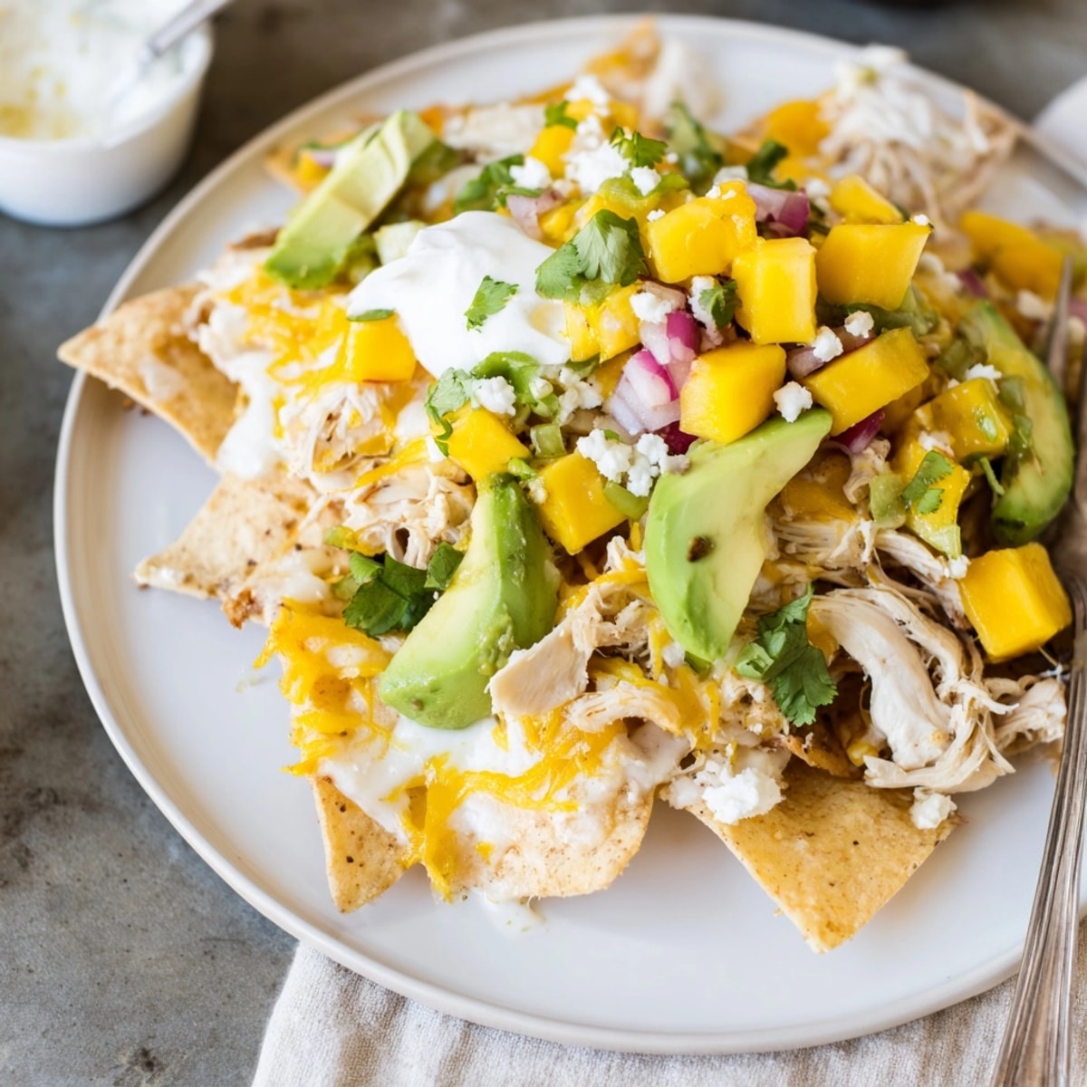 Delectable Mango Pineapple Chicken Nachos recipe, bursting with tropical flavors, ready to share.