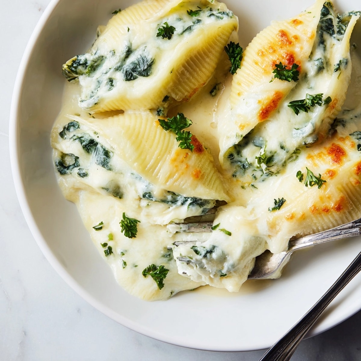 Creamy Alfredo Spinach Ricotta Stuffed Shells, golden brown and bubbling hot out of the oven.