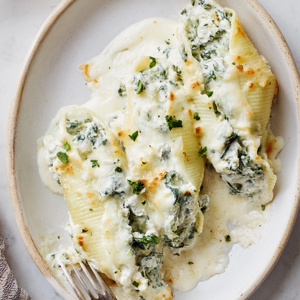 Close-up view of baked Alfredo Spinach Ricotta Stuffed Shells, ready to be enjoyed.