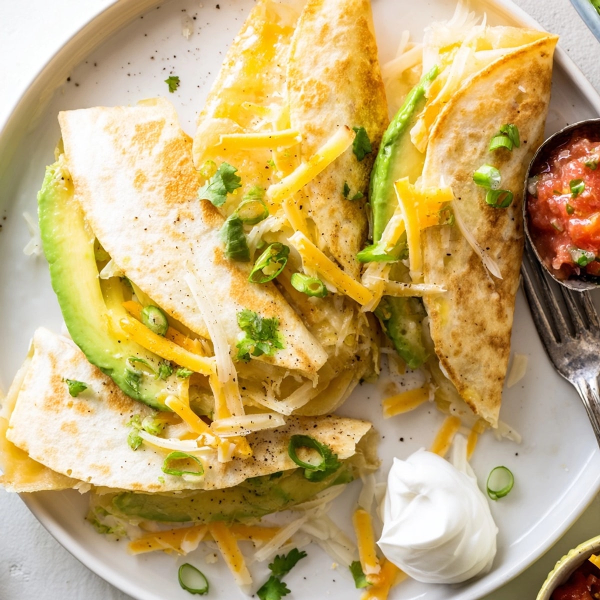 Close-up of Avocado Cheddar Grilled Quesadilla wedges, garnished with fresh cilantro and sour cream.