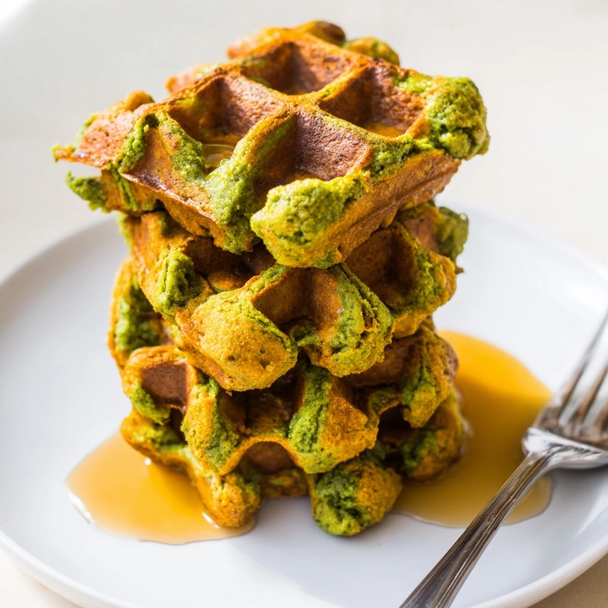 Vibrant green matcha pumpkin waffle towers topped with whipped cream and cinnamon sprinkles.  
