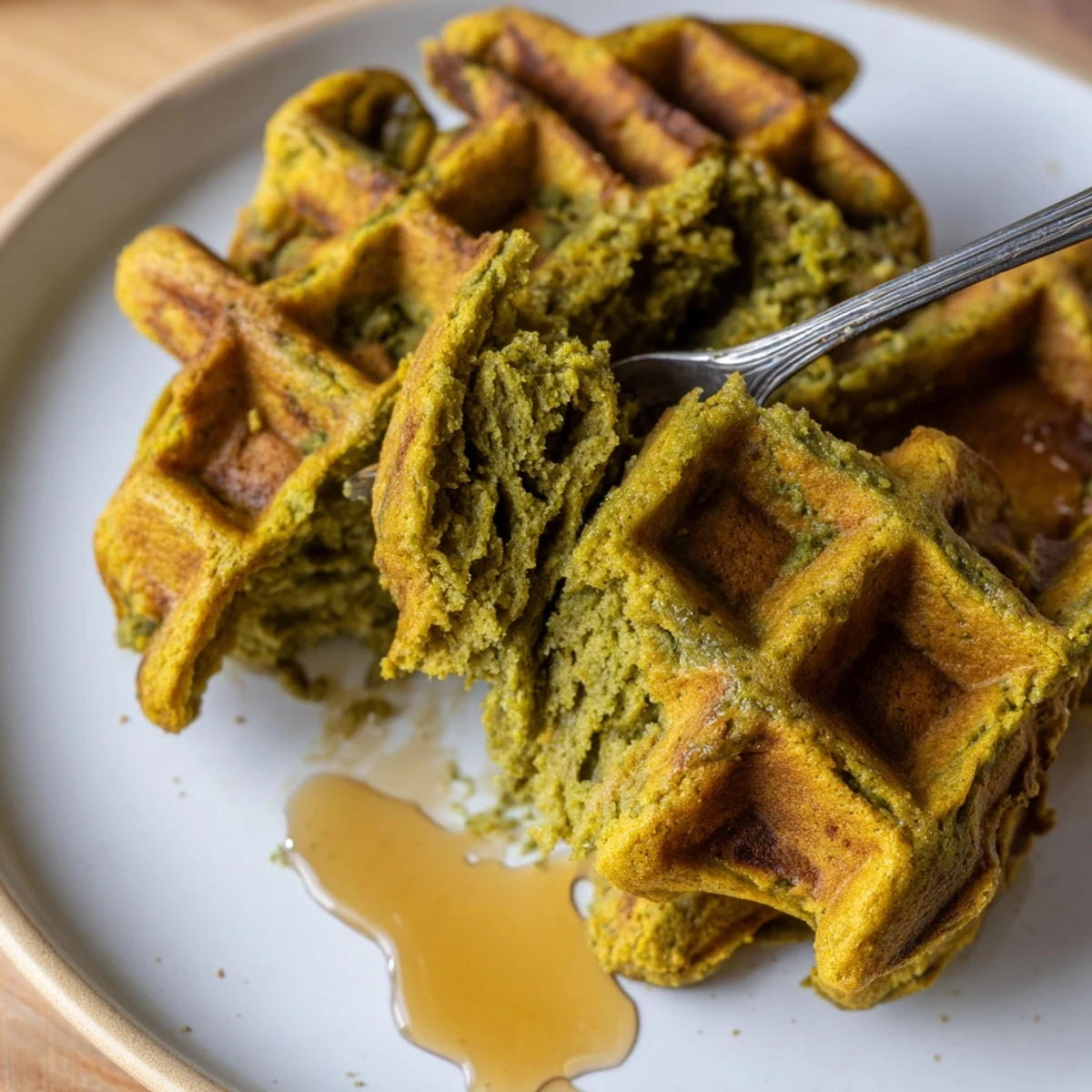 Golden matcha pumpkin waffles served warm, enticing aromas wafting through the kitchen.