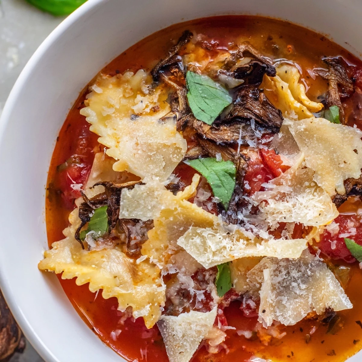 A steaming bowl of Lasagne Soup topped with crispy roasted mushroom bits  
