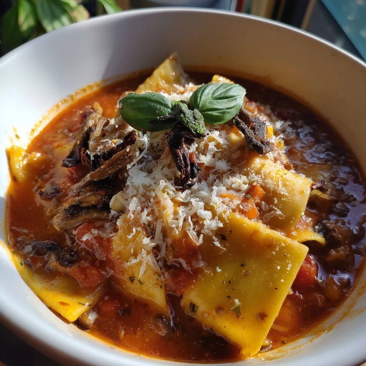 Comforting Lasagne Soup with creamy cheeses and rich, savory flavors, perfect for dinner  