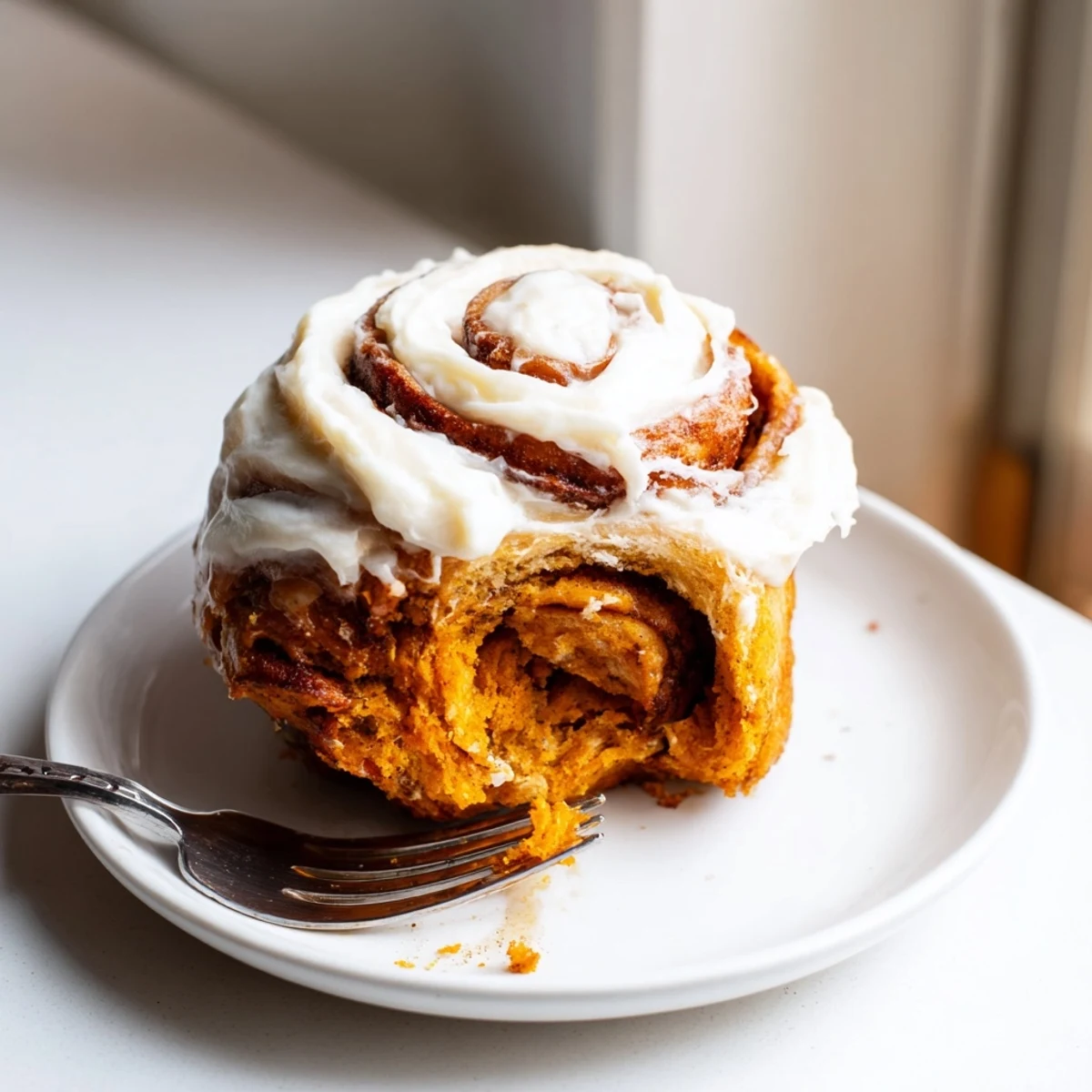 Fluffy pumpkin muffin stuffed cinnamon rolls topped with rich cream cheese frosting.  