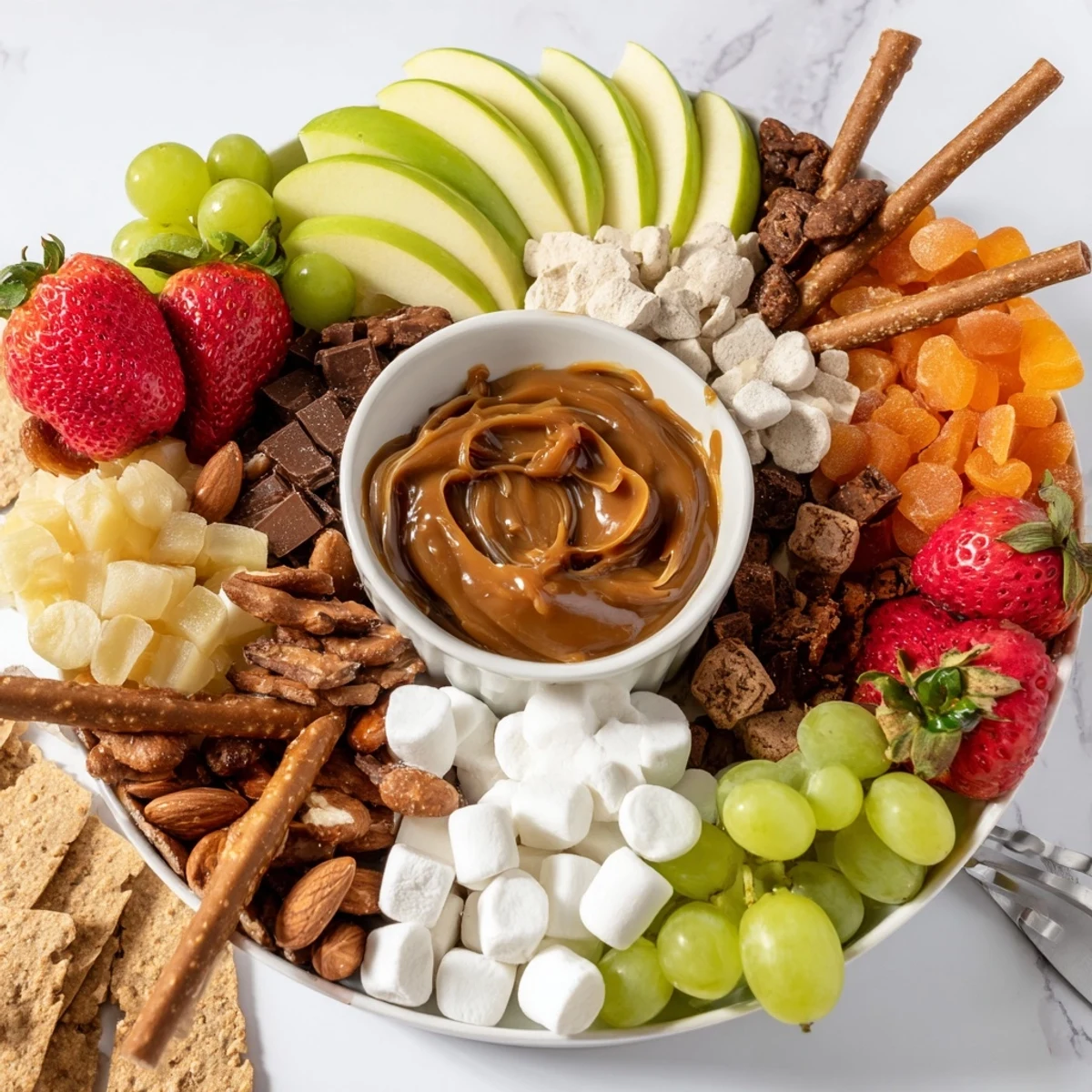 Delicious vegan caramel apple charcuterie board featuring vibrant fruits and decadent toppings.  