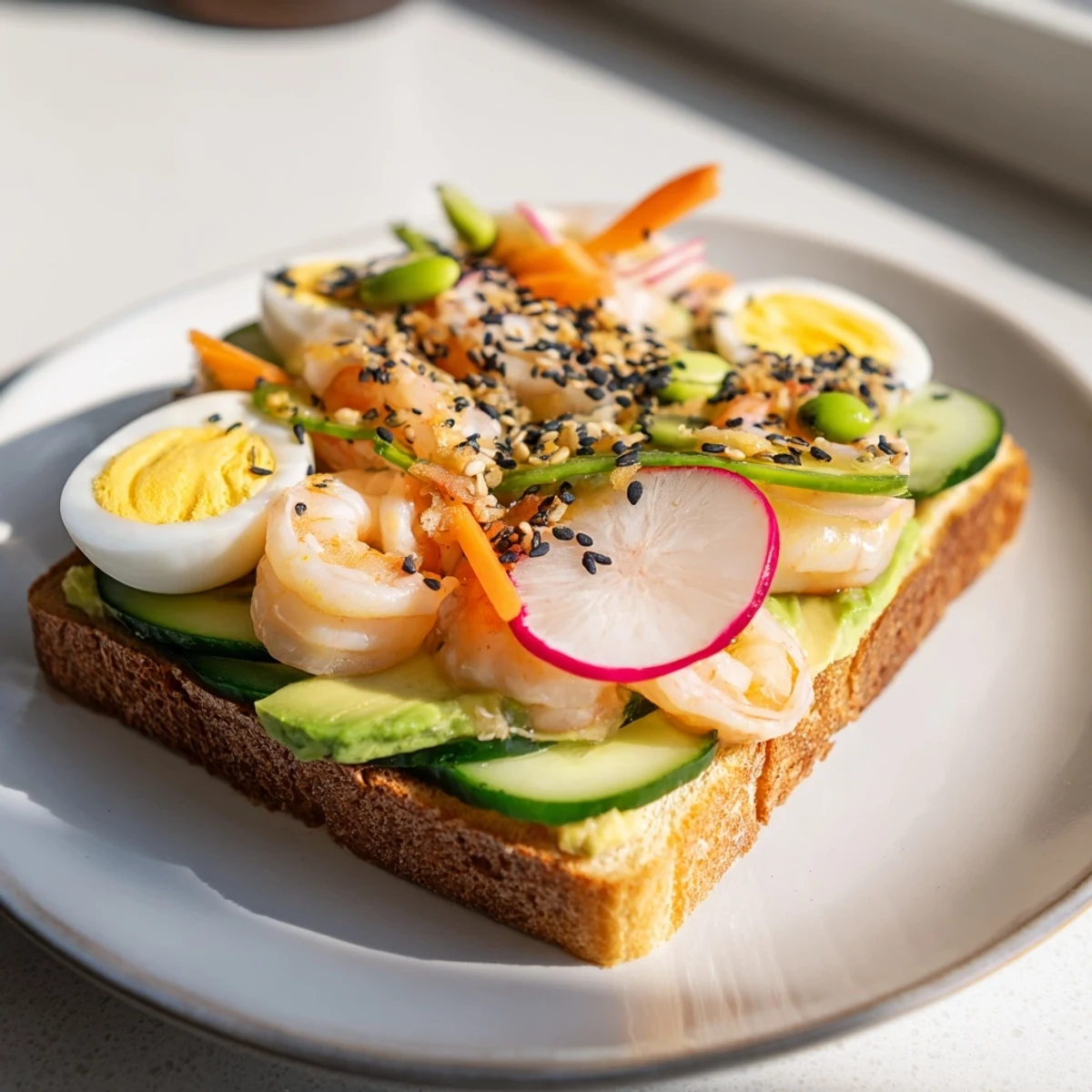 Colorful Japanese bento open-face sandwiches topped with shrimp and fresh vegetables.