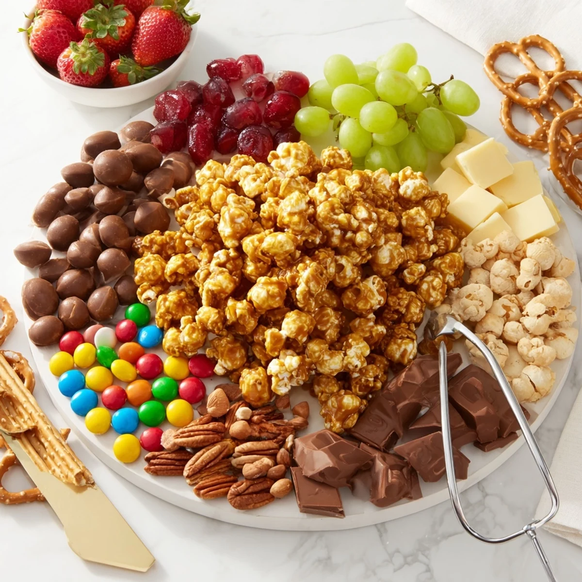 Delicious caramel popcorn charcuterie board surrounded by colorful fruits and sweets.  