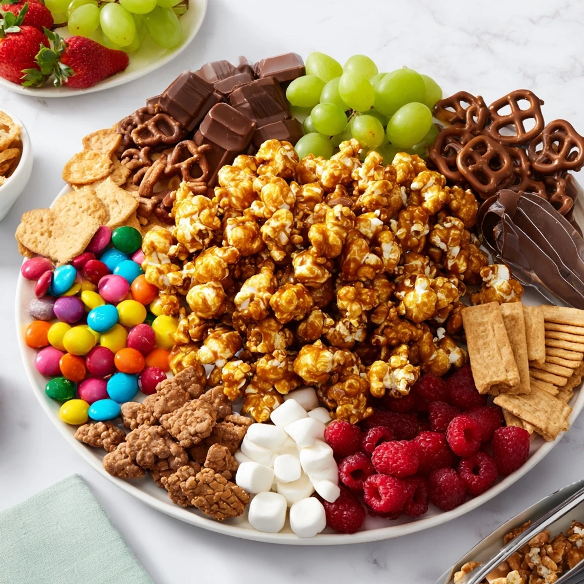 Vibrant charcuterie board featuring caramel popcorn, crunchy nuts, and luscious dark chocolate treats.
