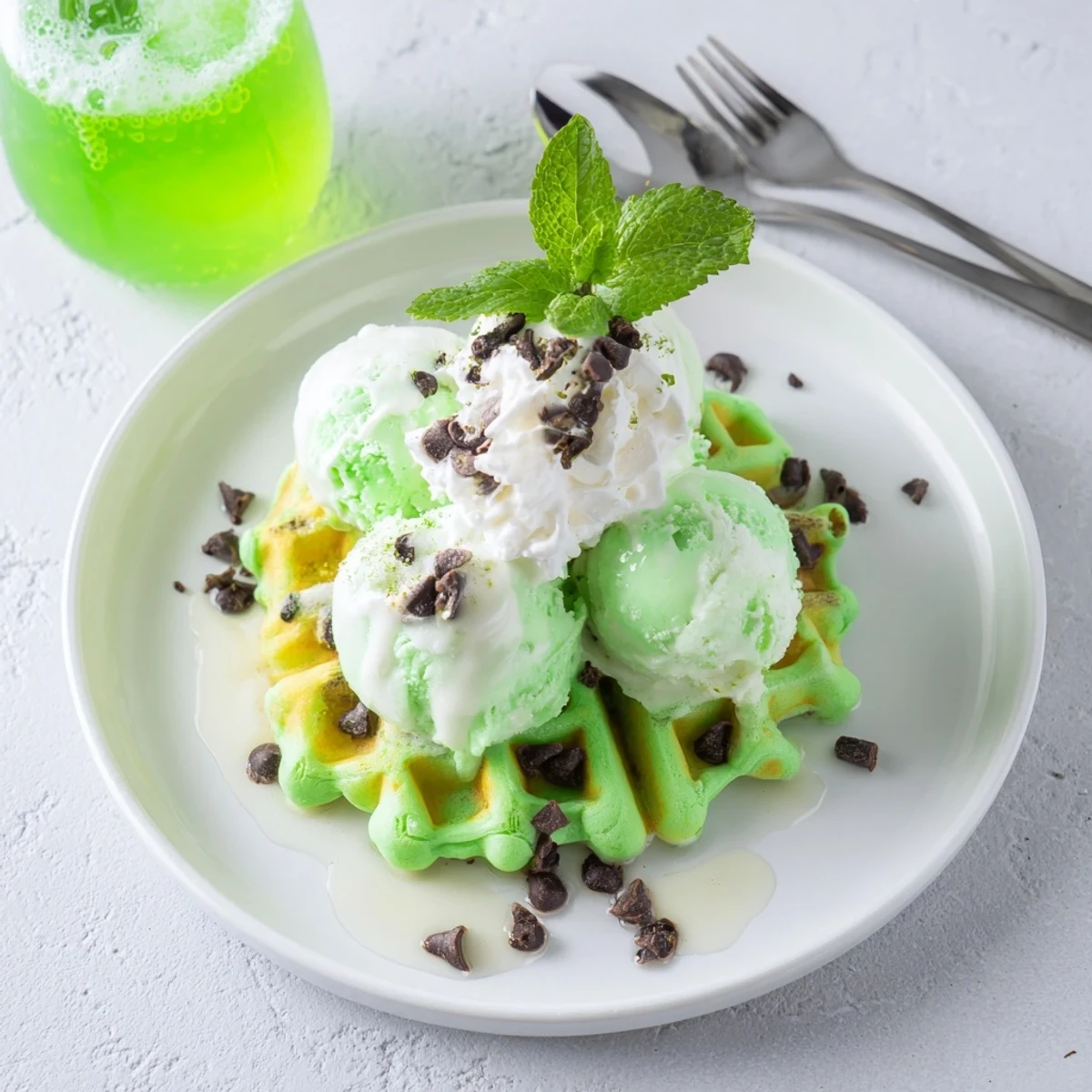 Fluffy Monster Mint Soda Float Waffles topped with ice cream and fizzy soda.  