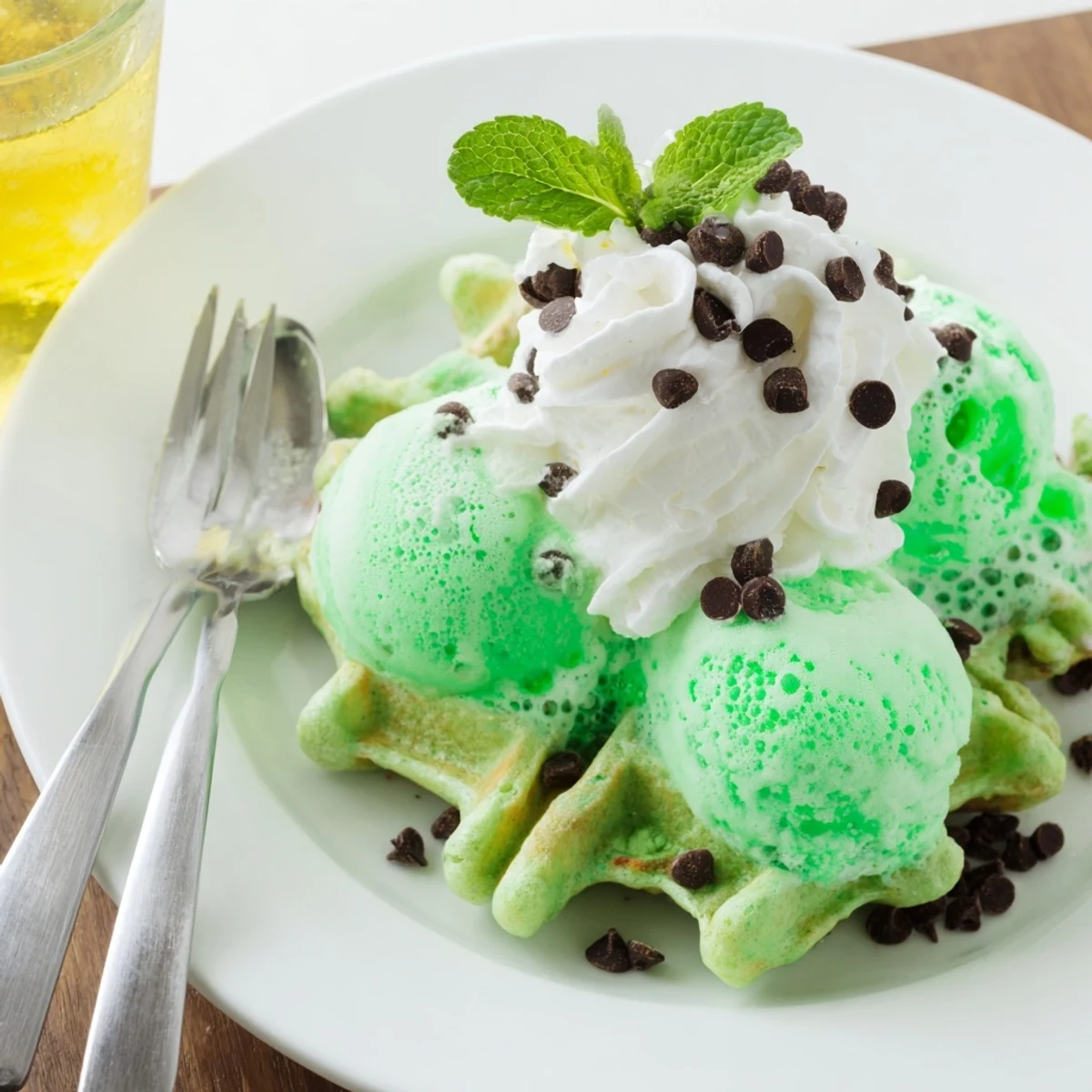 Vibrant green Monster Mint Soda Float Waffles, perfect for a festive dessert spread.  