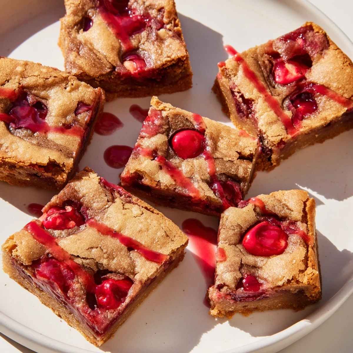 Warm, buttery Cherry Cola Blondie Cookie Bars drizzled with a glossy cherry glaze.  