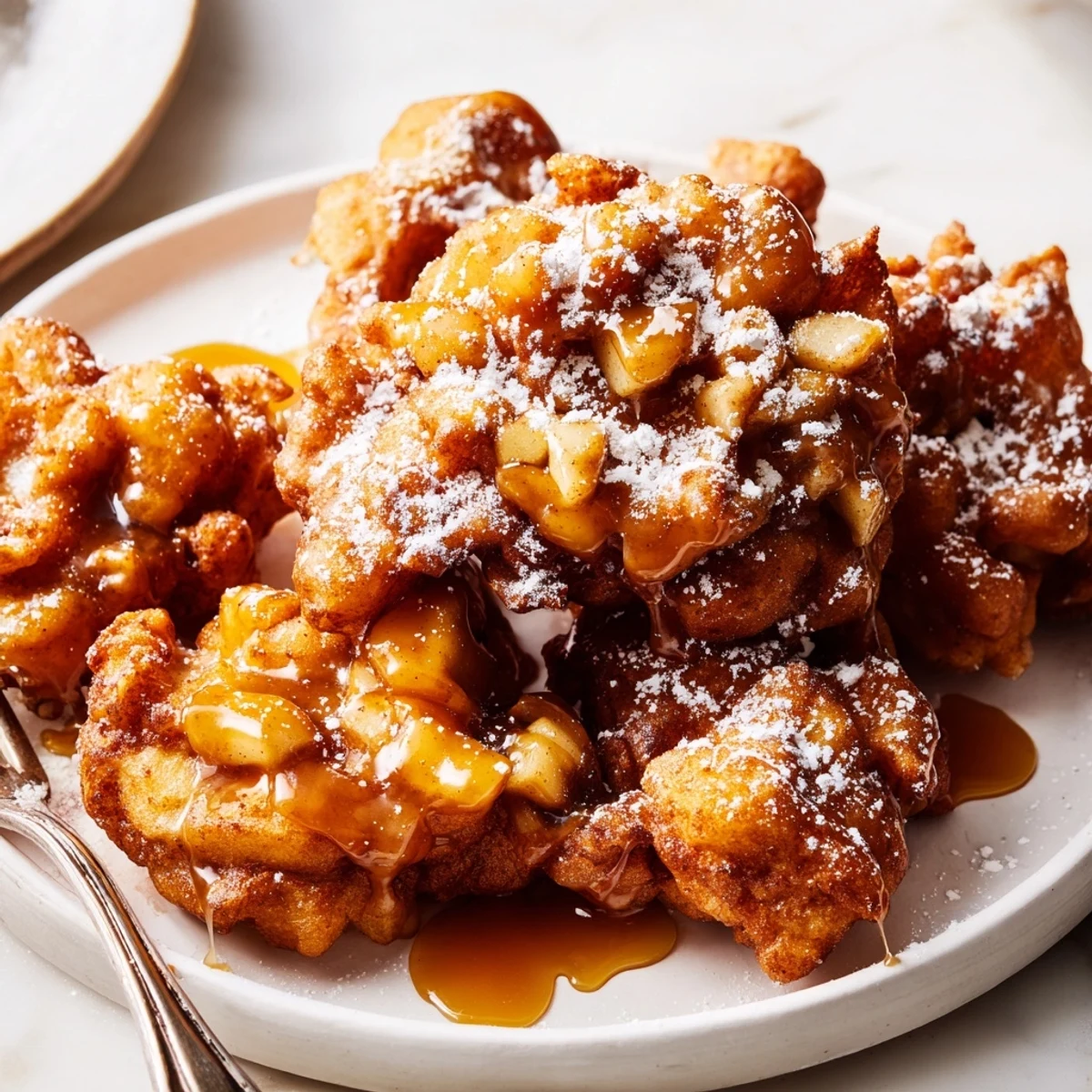 Crispy Caramel Apple Spiced Biscuit Fritters drizzled with warm caramel sauce.  