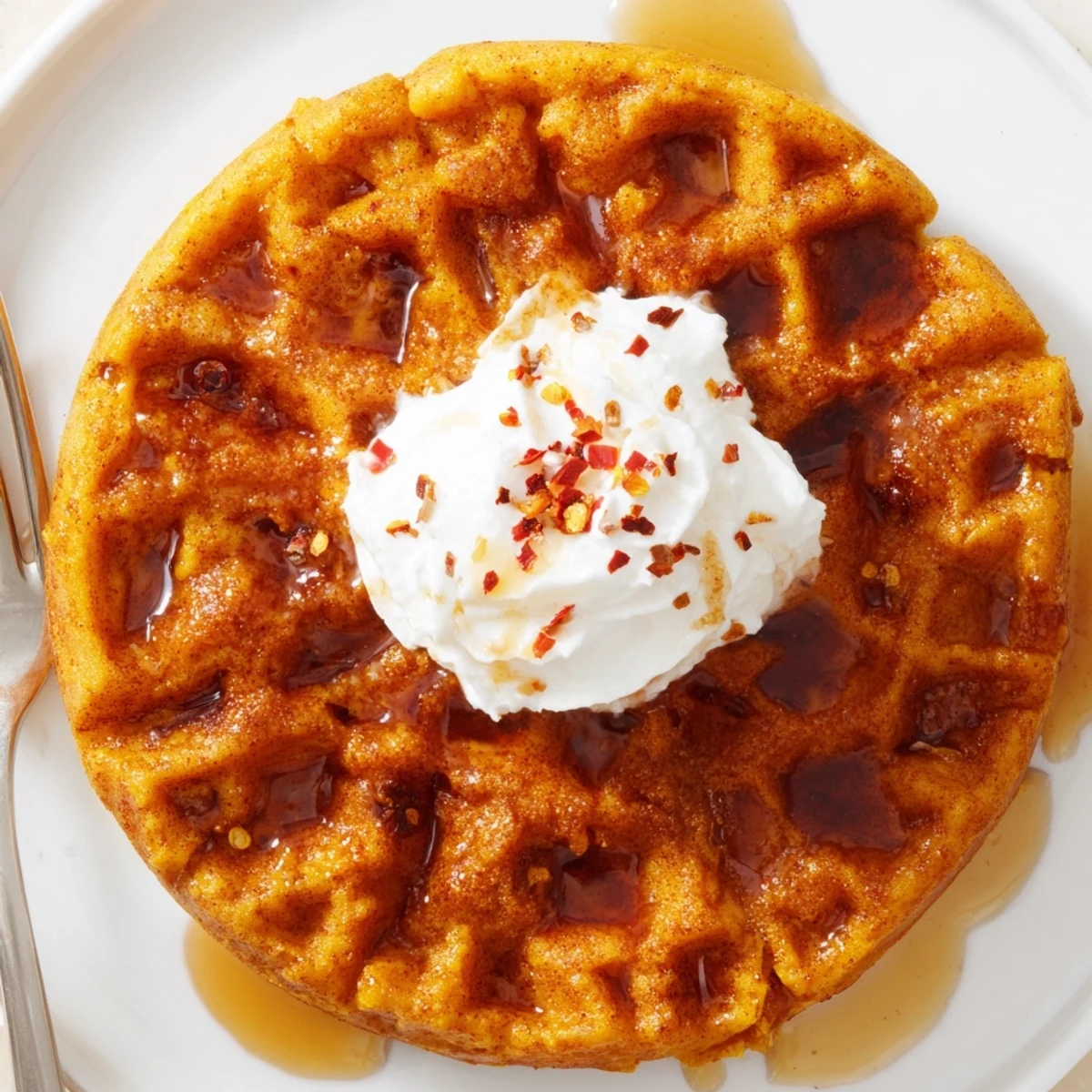 Delicious golden brown waffles infused with pumpkin and autumn spices for brunch.  