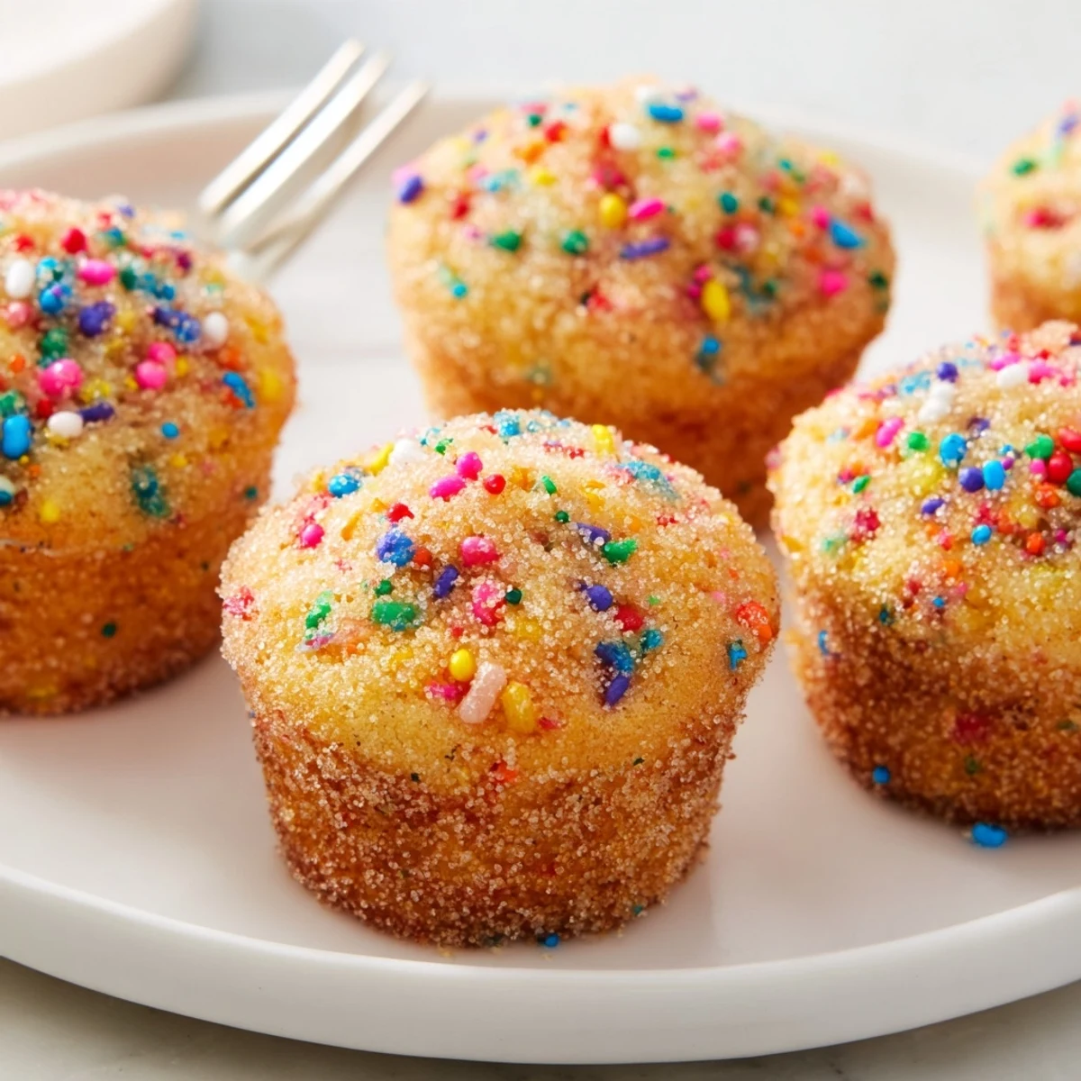 Whimsical Funfetti Cinnamon Sugar Muffin Pops topped with sweet cinnamon sugar coating.  