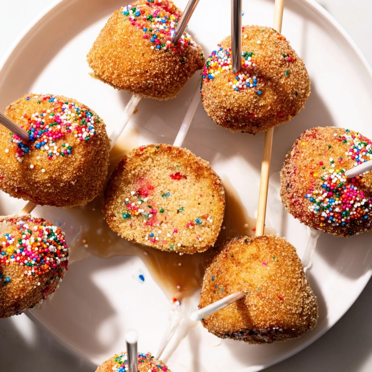 Whimsical Funfetti Cinnamon Sugar Muffin Pops, coated in sweet cinnamon for a delightful treat.  