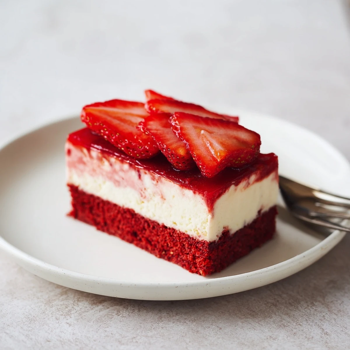 A decadent slice of Strawberry Red Velvet Cheesecake with a glossy strawberry drizzle.  