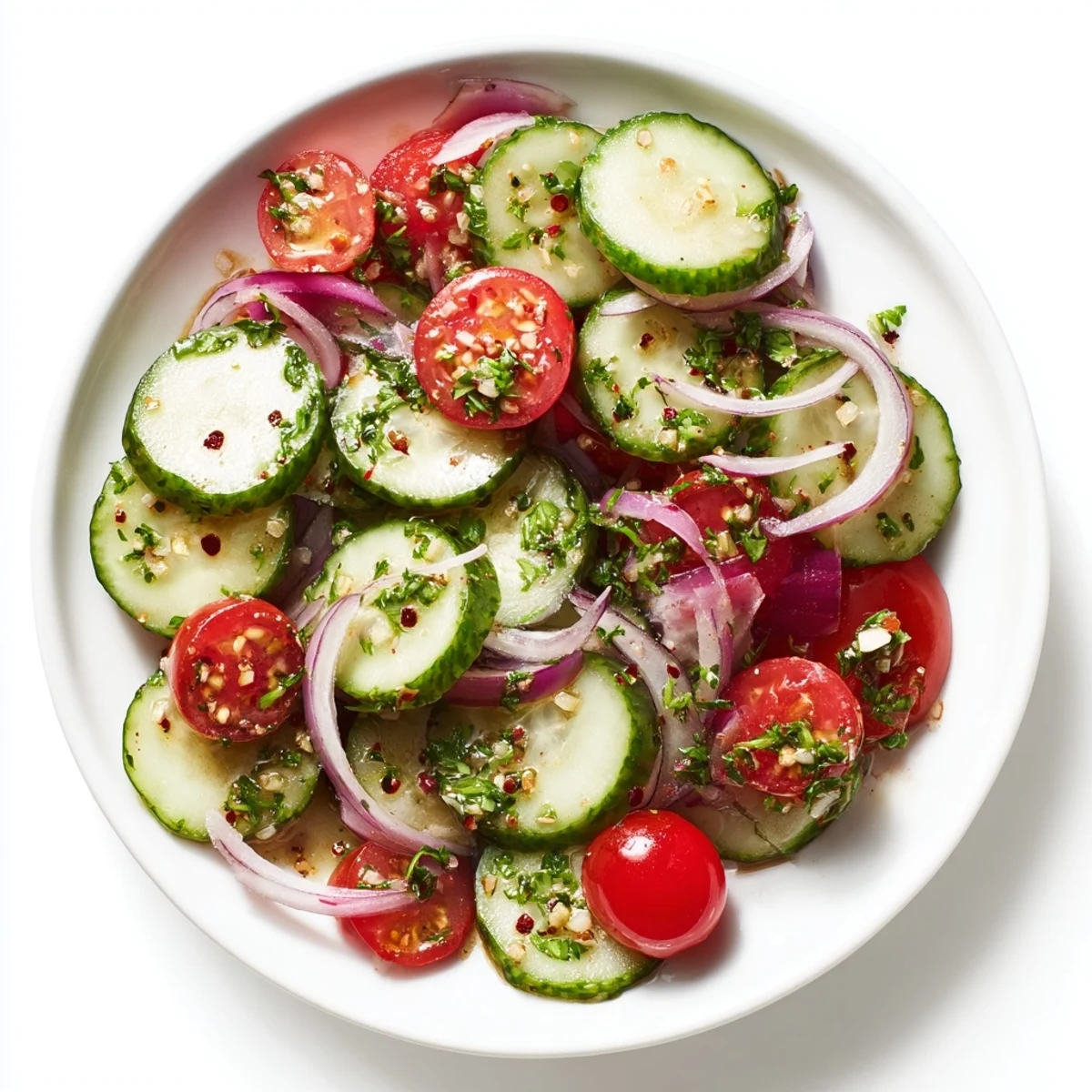 Crisp Marinated Cucumbers, Onions, and Tomatoes tossed in zesty homemade vinaigrette.  