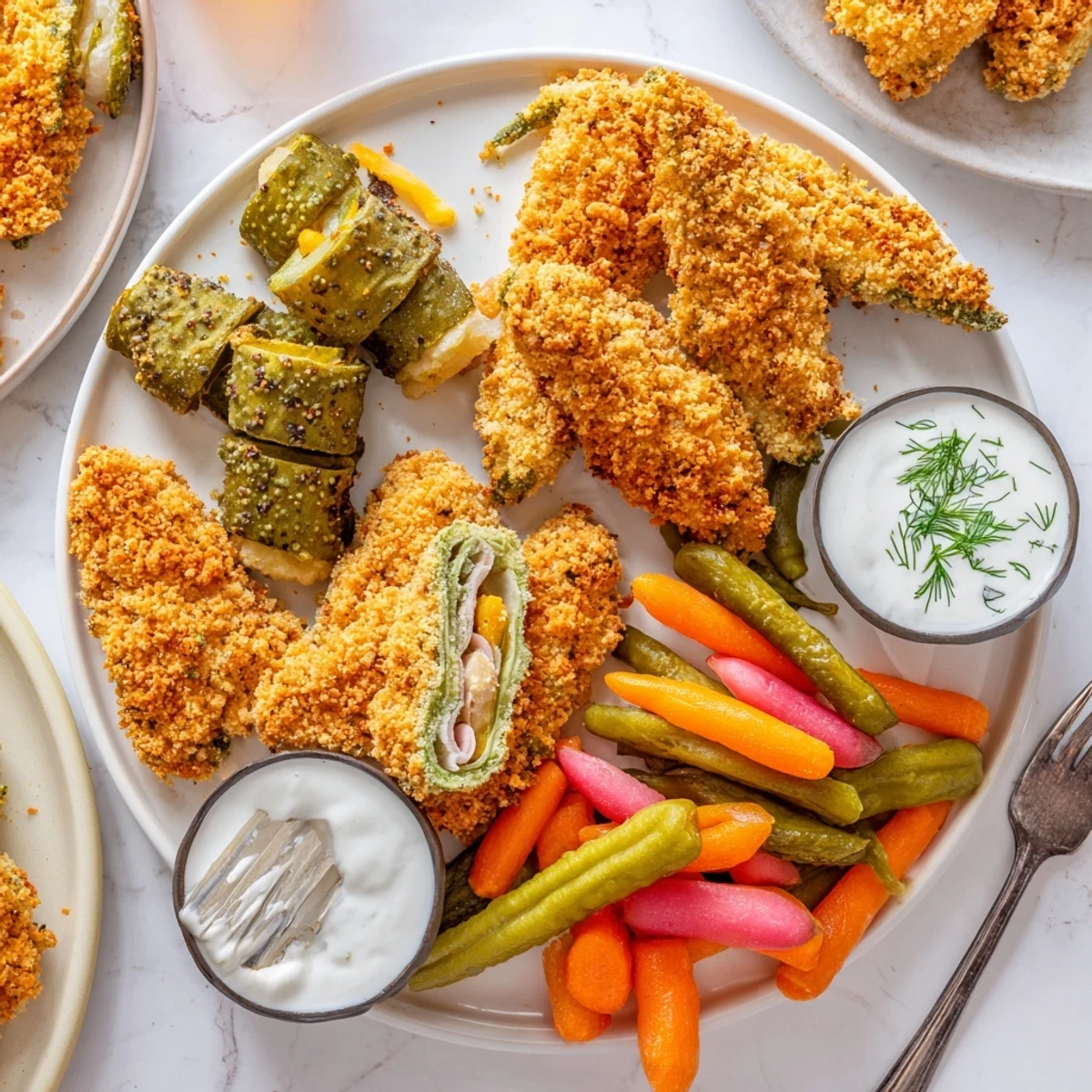 Crispy fried pickles atop a colorful platter in the Pickle Lovers Meal.