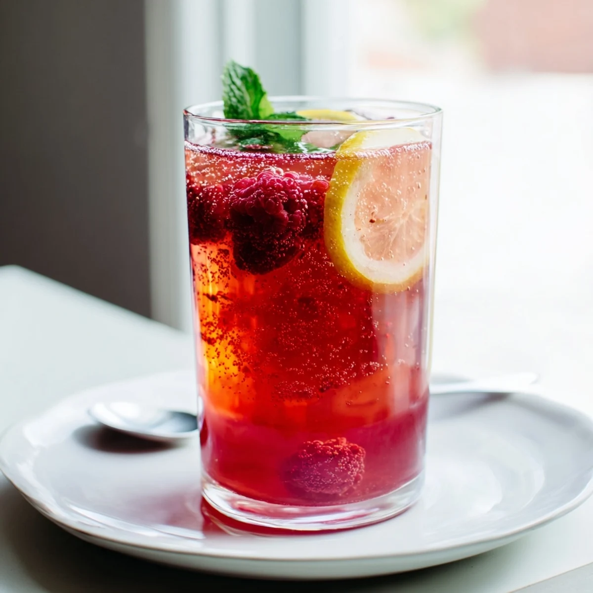 Homemade Kombucha-Style mocktails, featuring fresh berries and vibrant mint for a lively sip. 
