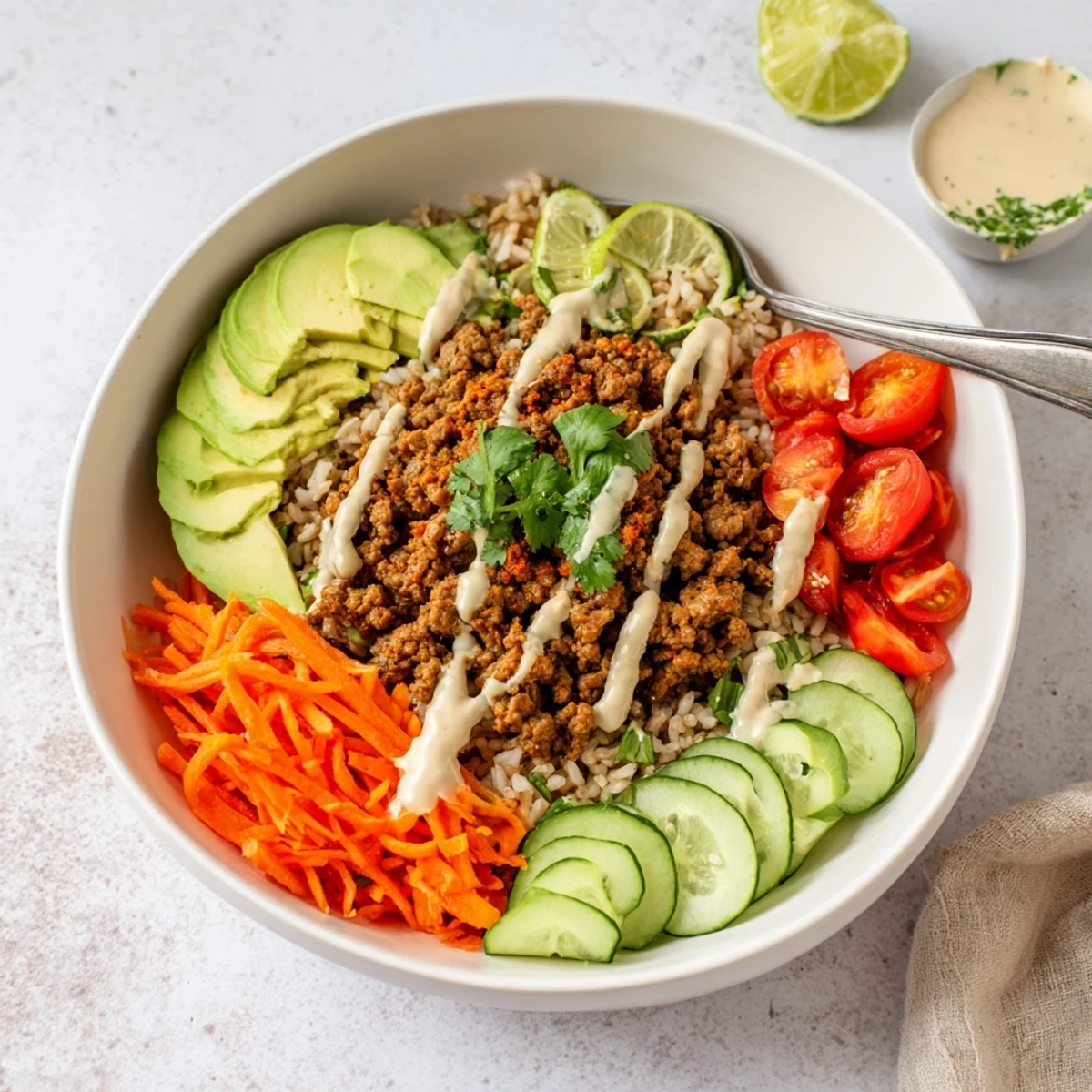 Colorful plant-based meat bowl topped with fresh avocado and vibrant veggies.  